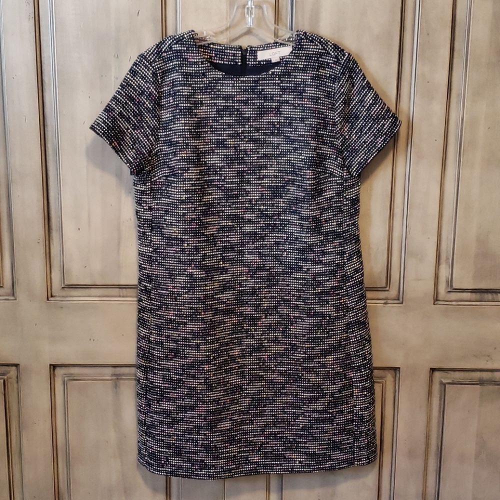 LOFT shift dress, navy/multi boucle fabric, 8